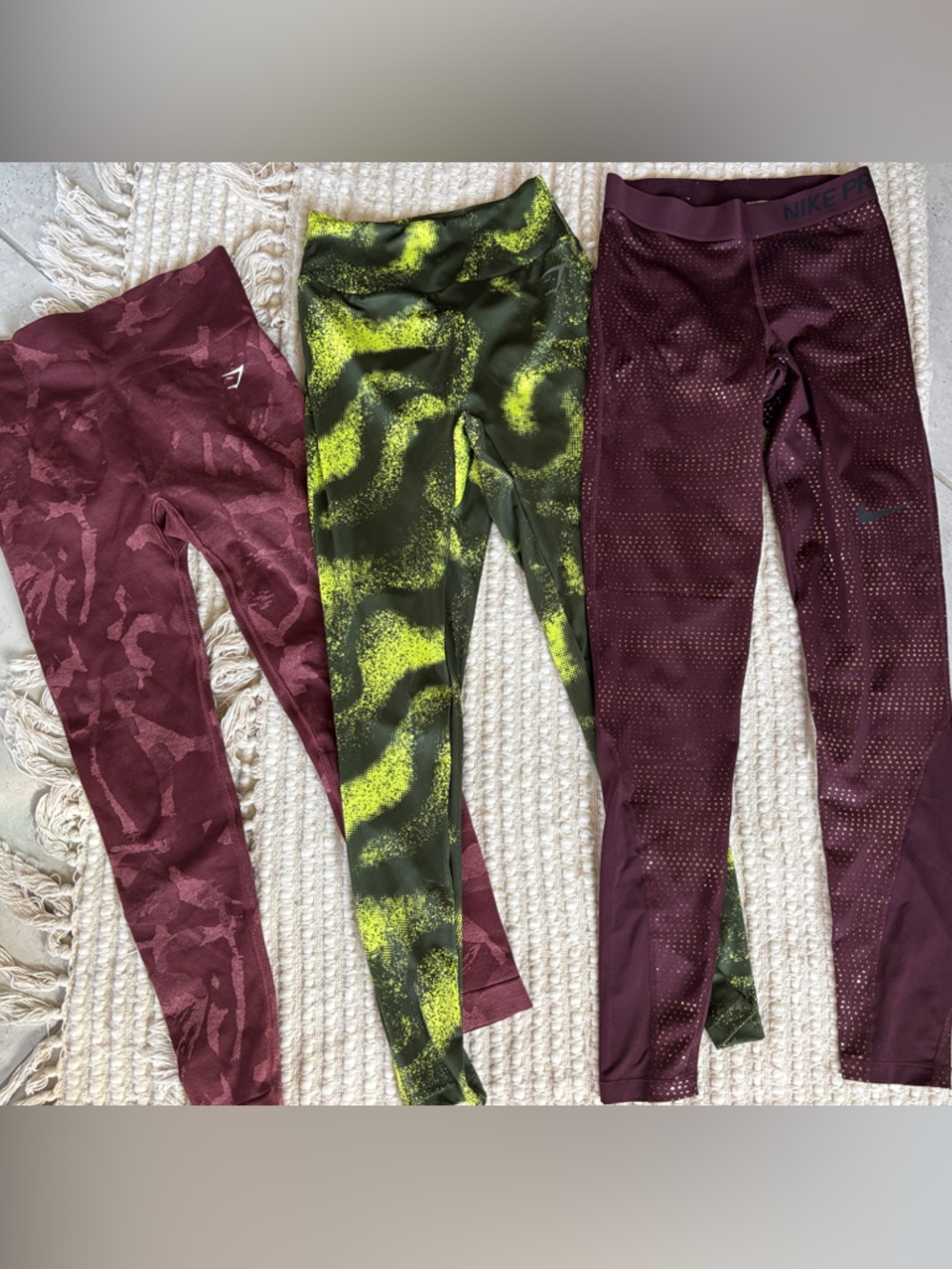 3 Athletic Leggings Bundle - Burgundy & Neon Green (2x Gym Shark; 1x Nike Pro)